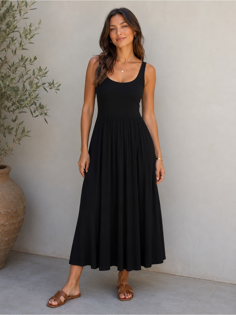 Athleta Santorini Midi Dress Medium Black Sleeveless Modal Stretch Pockets